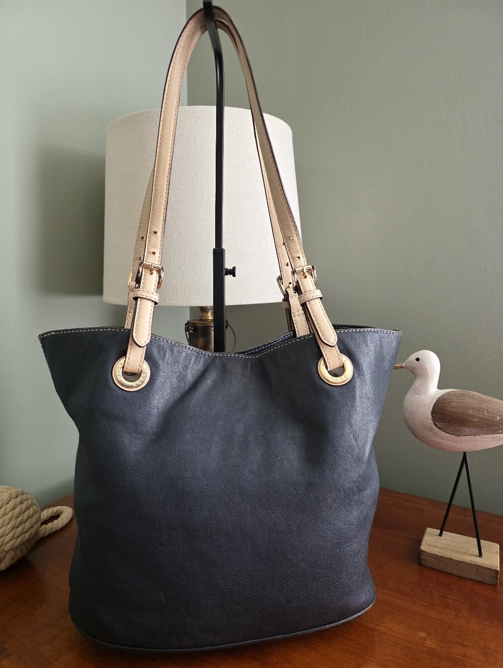 Michael Kors Jet Set Medium Navy Leather Tote Shoulder Bag Work Purse